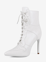 Weiße Stiefeletten Damen Spitzschuh High Heel Schnürstiefeletten
