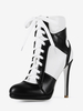 Weiße Stiefeletten Damen Spitzschuh Patchwork Schnürstiefeletten mit hohem Absatz