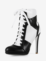 Weiße Stiefeletten Damen Spitzschuh Patchwork Schnürstiefeletten mit hohem Absatz