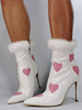 Weiße Stiefeletten für Damen Patent Oberes Herzmuster Spitzzehenstiefel mit Pelzkante