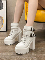 Weiße Stiefeletten für Damen PU-Lederschnalle mit spitzem Zehen-Kurzstiefel mit dickem Absatz