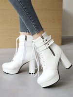 Weiße Stiefeletten mit runder Zehenpartie und klobigem Absatz für Damen