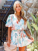 Weißer Blumendruck V-Ausschnitt Kurze Ärmel Polyester Weites Sommer Outfit