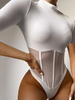 Weißer Body Kurze Ärmel Stehkragen Paspeln Stretch Casual Pailletten Damen Top