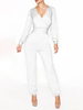 Weißer Jumpsuit Langarm-Stretch-Jumpsuit mit V-Ausschnitt