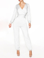 Weißer Jumpsuit Langarm-Stretch-Jumpsuit mit V-Ausschnitt