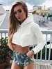 Weißer Kurzer Hoodie Frauen Langarm Drawstring Sexy Pullover Sweatshirt