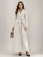 Weißer langer Wollmantel mit Revers zweireihig mit Gürtel Winter-Oberbekleidung in voller Länge für Damen 2025