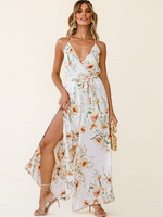 Weißer Overall Bedrucktes Muster V-Ausschnitt Ärmellos Plissee Open Shoulder Neckholder Polyester Sommer Spielanzug