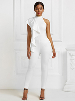Weißer Overall Hoher Kragen Ärmellose Paspel Stretch Polyester Skinny Long Legging Sommer One Piece Outfit