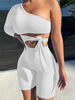 Weißer Playsuit für Damen Einschulter mit langen Ärmeln Schnür-Sommer-Body aus Polyester