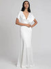 Weißes Abendkleid A-Linie V-Ausschnitt mit Zug Halbarm Ärmel Reißverschluss Knöpfe Satin Stoff Formale Abendkleider