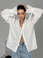 Weißes ausgehöhltes Hemd mit langen Ärmeln Frühlingsoberteile für Frauen 2025