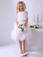 Weißes Blumenmädchen-Kleid aus Organza mit Späghettiträgern und Gürtel Milanoo