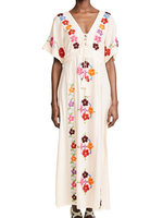 Weißes Boho-Kleid Besticktes Hippie-Kleid mit V-Ausschnitt und kurzen Ärmeln