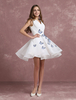 Weißes Cocktailkleid V Neck Schmetterling Perlen Homecoming Kleid ärmellos eine Linie kurze Partykleid
