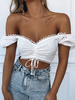 Weißes Hemd für Frauen Bateau Neck Drawstring Casual Drawstring Plissee Kurzarm Polyester Tops
