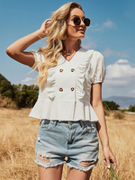 Weißes Hemd für Frauen Übergroße Knöpfe Plissee Jewel Neck Kurzarm Polyester Casual Shirt