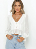 Weißes Hemd für Frauen Polyester V-Ausschnitt Cabrio Casual Rüschen Knöpfe Langarm Sommer Tops