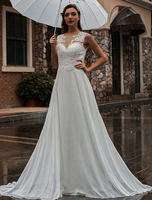 Weißes Hochzeitskleid Illusion Ausschnitt Ärmellose Applikation Chiffon Bodenlange Brautkleider Zugkleid