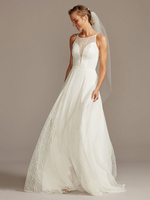 Weißes Hochzeitskleid Illusion Ausschnitt Ärmellose Schärpe Court Train Chiffon Brautkleider