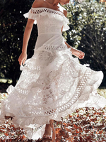 Weißes Kleid Kurzarm Bateau Cut Out Layered Lace Maxikleid
