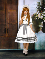 Weißes Lolita Kleid aus Baumwolle mit 1/2 langen Ärmlen und Taillenband