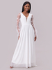 Weißes Maxi-Partykleid mit Spitzendetail tiefem V-Ausschnitt und transparenten langen Ärmeln 2025
