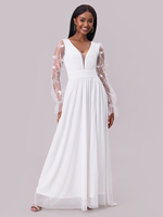 Weißes Maxi-Partykleid mit Spitzendetail tiefem V-Ausschnitt und transparenten langen Ärmeln 2025