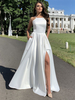 Weißes Maxikleid mit Trägern ärmellos hoher Schlitz elegantes Ballkleid