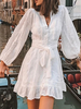 Weißes Midikleid Puffärmel Knopf Frauen Flare Kleid