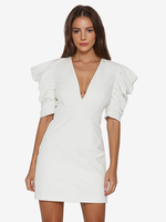 Weißes Minikleid mit Puffärmeln V-Ausschnitt offenem Rücken figurbetontes Kleid 2025