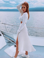 Weißes Pulloverkleid für Damen Zweiteilige Sets Acryl-Juwelenhals Lässiges Langarm-Outfit