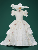 Weißes Retro-Kostüm für Mädchen mit Jacquard-Blumen und Rüschen Marie-Antoinette-Kostüm aus Polyester Tunika Hut Kleid Euro-Stil Kostüm aus dem 18. Jahrhundert