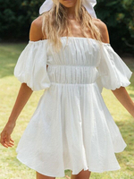 Weißes Sommerkleid Bateau Neck Rüschen Kurzarm aus der Schulter Summer Beach Kleid