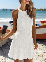 Weißes Sommerkleid Frauen Jewel Neck Cut Out Crochet Beach Dress