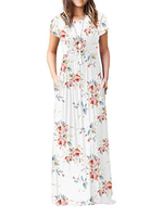 Weißes Sommerkleid Juwelenhals Kurzarm Ärmelnes bedrucktes Muster Polyester Strandkleid Langes Kleid