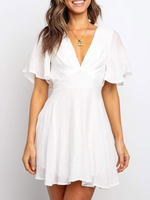 Weißes Sommerkleid Kurzarm-Strandkleid mit V-Ausschnitt