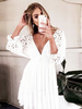 Weißes Sommerkleid Rüschen mit V-Ausschnitt Langärmlige Ausschnitte Rüschen Polyester Midi Beach Dress
