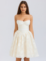 Weißes trägerloses Kleid Blumen-Jacquard herzförmiger Ausschnitt plissiertes A-Linien-Party-Midikleid 2025