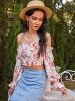 Weißes trägerloses Oberteil für Frauen Blumendruck Unregelmäßig plissierte Rüschen Lässige Langarm-Sommerbluse aus Polyester