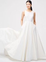 Weißes Vintage Hochzeitskleid Kapelle Zug Trägerlose Ärmellose Taschen Satin Stoff Traditionelle Kleider Für Die Braut