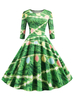 Weihnachten Retro Kleid 1950er Jahre Gras Grün Muster geschichtet Frau \ s Plissee Halbarm Juwel Juwel Hals Rockabilly Kleid