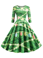Weihnachten Retro Kleid 1950er Jahre Gras Grün Muster geschichtet Frau \ s Plissee Halbarm Juwel Juwel Hals Rockabilly Kleid