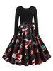 Weihnachten Retro Kleid 1950er Jahre Juwel Hals Schnür geschichtet Langarm Langarm Frau Mittel Weihnachtsmuster Rockabilly Kleid
