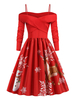 Weihnachten Retro-Kleid 1950er Jahre schwarzer Blumendruck offene Schulter Frau Ketten kurzen Ärmeln Bateau Neck Rockabilly Kleid