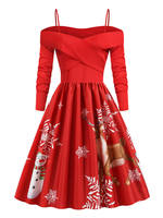 Weihnachten Retro-Kleid 1950er Jahre schwarzer Blumendruck offene Schulter Frau Ketten kurzen Ärmeln Bateau Neck Rockabilly Kleid