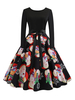 Weihnachten Vintage Kleid 1950er Jahre Juwel Hals Schnür geschichtet Langarm Ärmel Frau Mittel Weihnachtsmuster Rockabilly Kleid