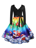 Weihnachten Vintage Kleid 1950er Jahre Schwarz Silber Muster Layered Woman \ s Zipper Langarm S-Rockabilly Kleid mit V-Ausschnitt