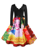 Weihnachten Vintage Kleid 1950er Jahre V-Ausschnitt Schnürung Layered Long Sleeves Medium Pattern Rockabilly Kleid